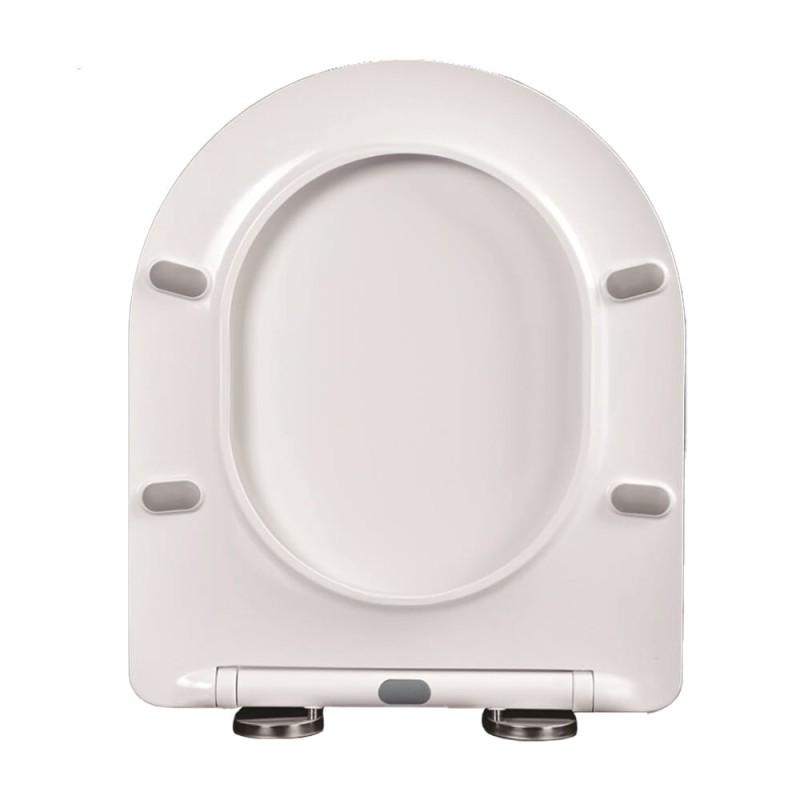 Deska sedesowa CS-W04 super slim widziana od spodu, pasująca do modeli Grohe, Cersanit, Roca, Koło, z antybakteryjnym duroplastem i wolnoopadającymi zawiasami.