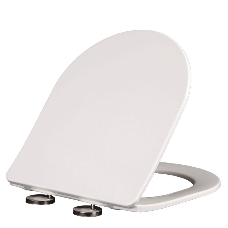 Deska sedesowa CS-W04 super slim z wolnoopadającymi zawiasami, widok z boku. Pasuje do modeli Grohe, Cersanit, Roca, Koło. Antybakteryjny duroplast.